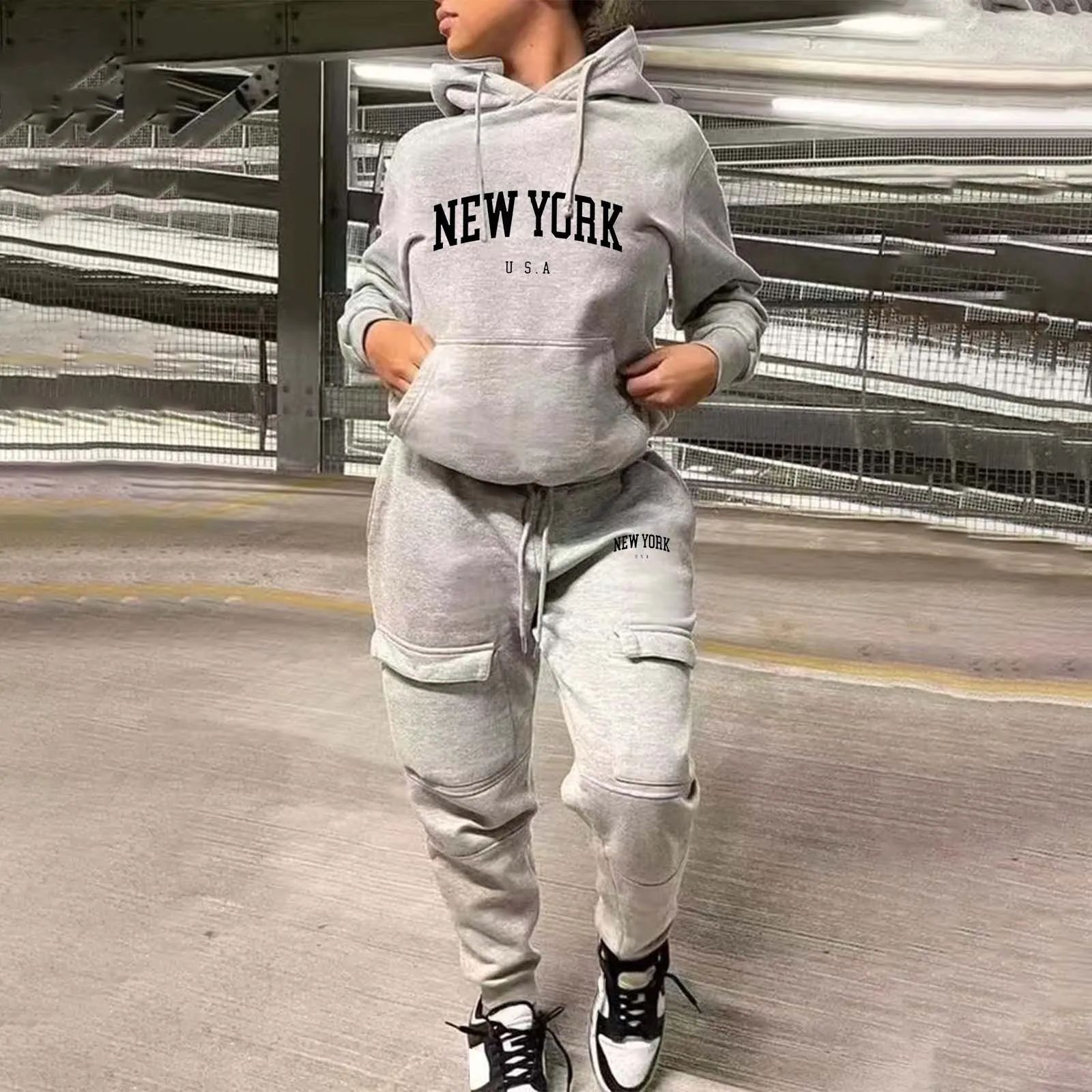 Autumn Winter Fashion Hooded Sweatshirt + Sweatpants Daily Casual Warm Letter Print Two Piece Sports Suit with Multiple Pockets