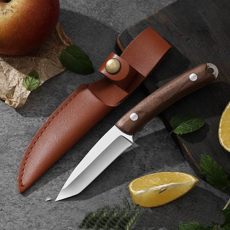 Cuchillo de barbacoa con mango de acero inoxidable y madera maciza, utensilio para cortar frutas, chuletas de ternera y cordero, con Funda de cuero