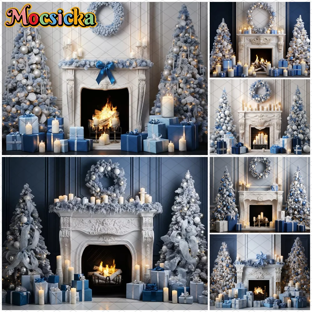 

Mocsicka Christmas Photography Background Home Xmas Tree Fireplace Candle Gifts Decorations Family Party Children Photo Backdrop