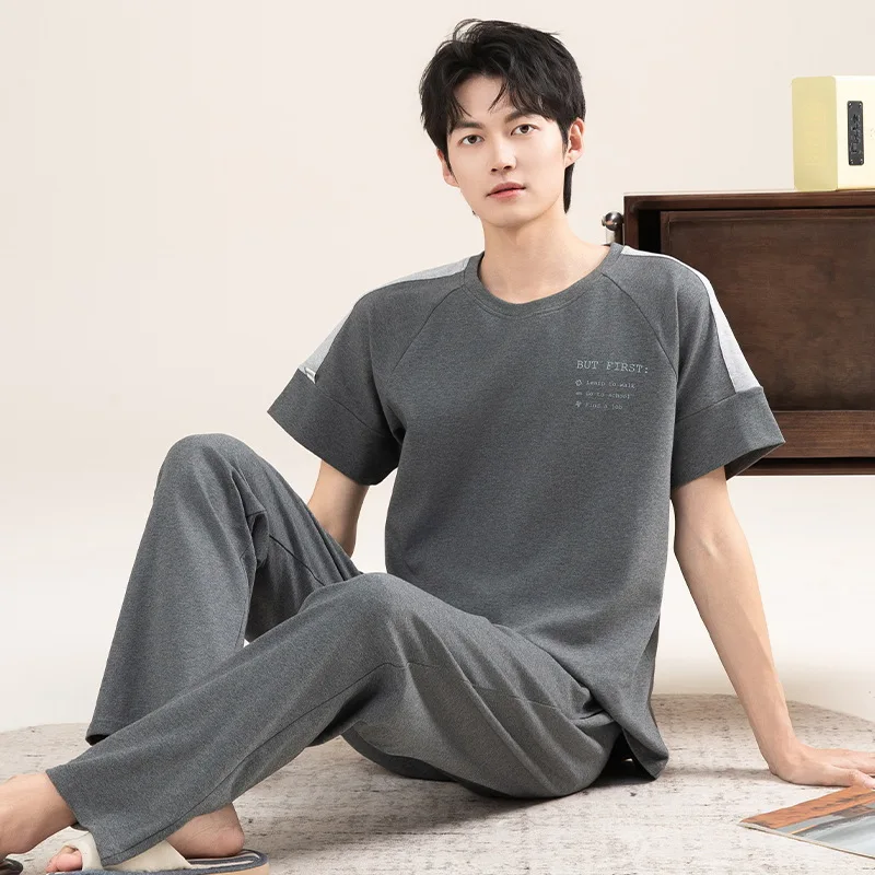 2Pcs/set Men's Cotton Sleepwear Short Sleeves Long Pant Homewear Male Big Size L-3XL Pjs Pyjamas Hombre Young Boy Loungewear