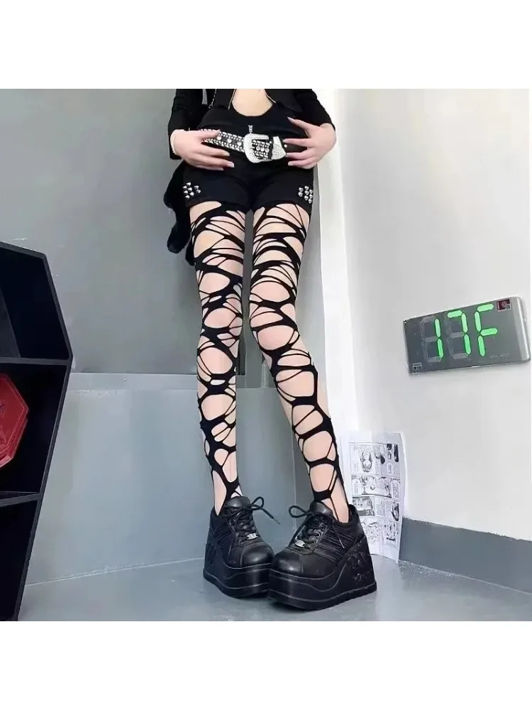 Sexy Schwarze Zerrissene Netzstrumpfhose Damen Gothic Punk Ausgehöhlte Enge Netzstrümpfe Leggings Emo-Stil Egirl Streetwear