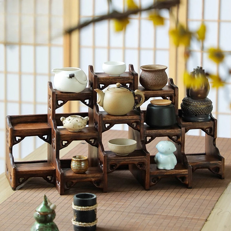 Chinese desktop small stand solid wood teapot display stand purple clay pot placement