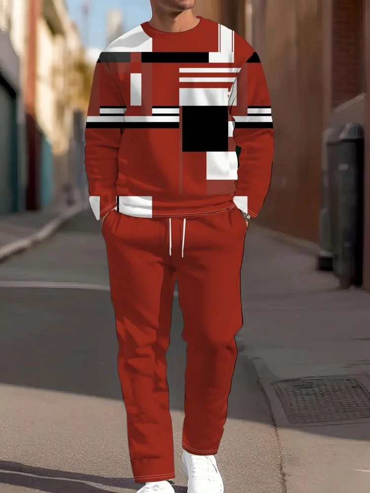 Neues Langarm-Set für Herren, 3D-Farbblock-Patchwork-Druck, Rundhals-Langarm-Top und entspannte Hose, zweiteiliges Set