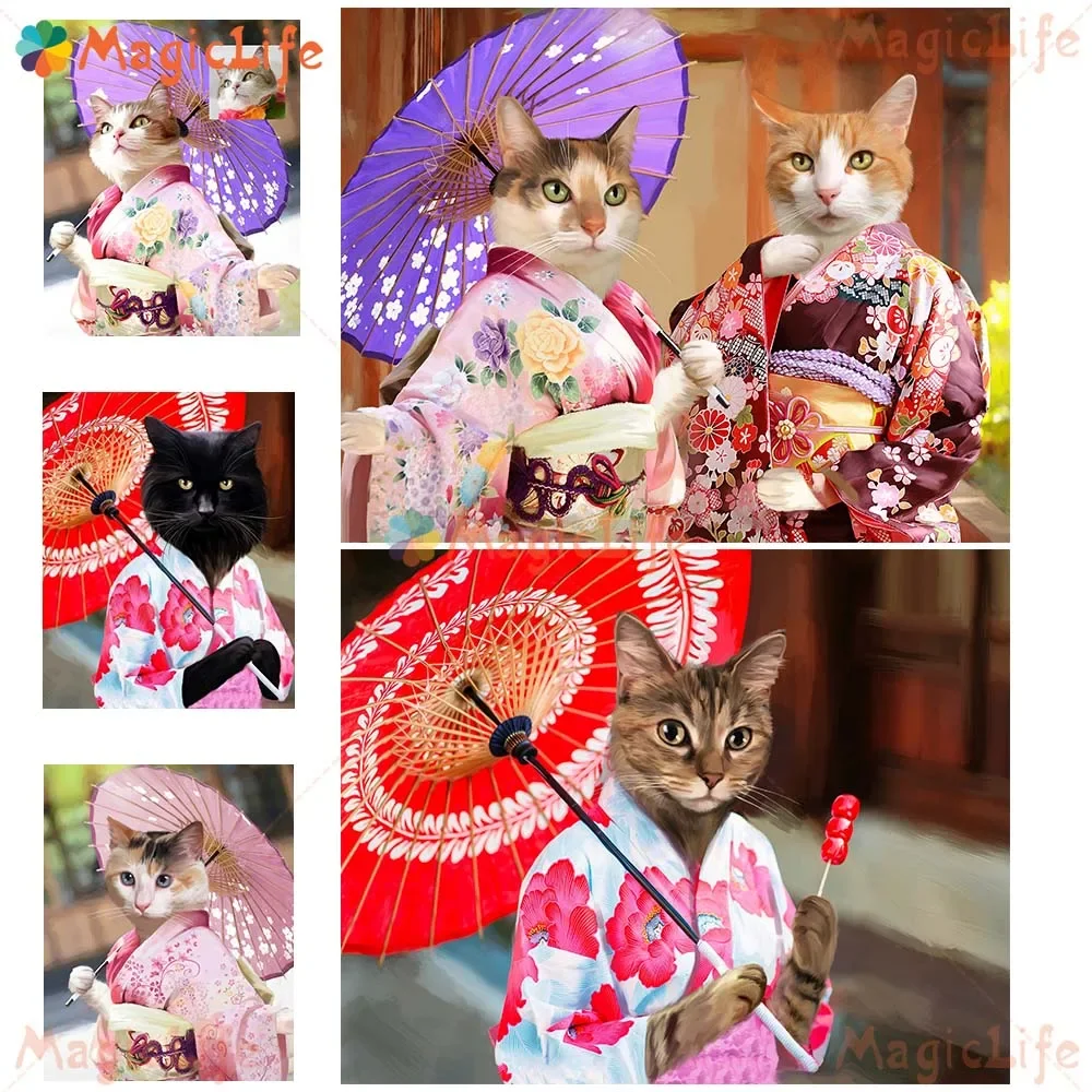 

Custom Cat Japan Geisha Kimono Pet Animals Poster Wall Art Canvas Painting Wall Pictures For Living Room Home Decor Unframed