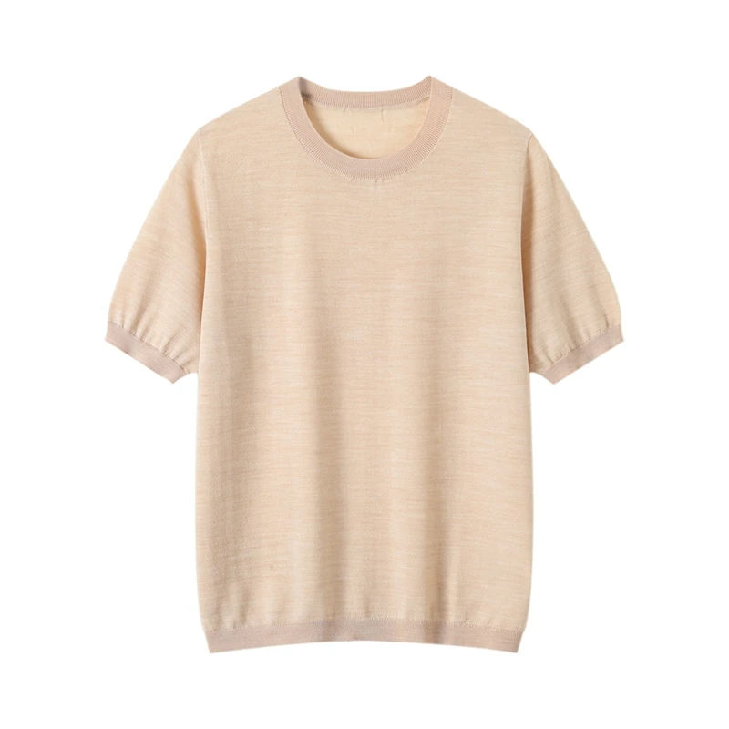 Spring and summer new 100% wool women's round neck short sleeved T-shirt pullover knitted sweater solid color wool half sleeve