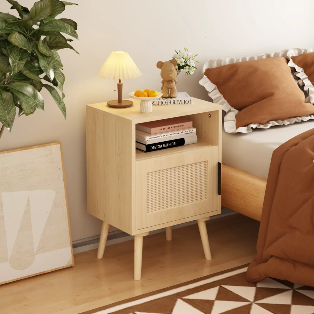 

22.83'' H Rattan Nightstand, Side Table with Door Open Shelf, Accent Bedside End Table with Solid Wood Legs for Bedroom
