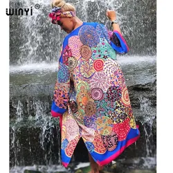 Winyi Europa Nationale Stijl Printing Beach Bohemian Lange Vest Cover-Up Steek Casual Boho Losse Vakantie Kimono Jas Kaftan