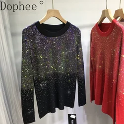 Blingbling Full Diamonds Hot Drilling O-neck Pullover Top Long Sleeve Casual Basic Sweater All-match Autumn Winter Knitted Shirt