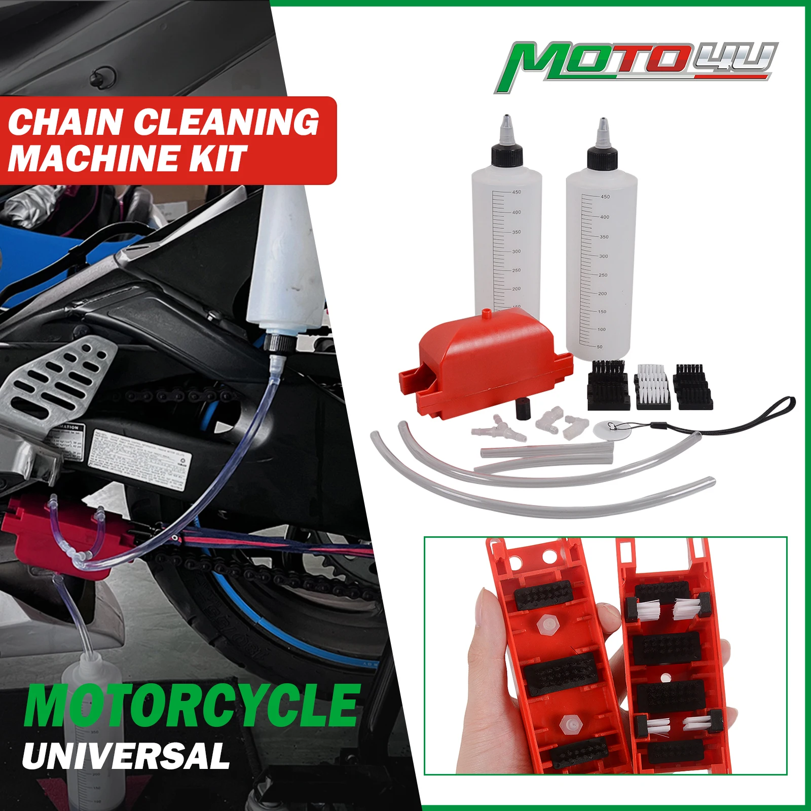 

Chain Cleaning Machine kit Brush Gear Motorcycle Cleaner Tool Motorbike Chains Lube Device Lubricating Accessory 2PCS bottle