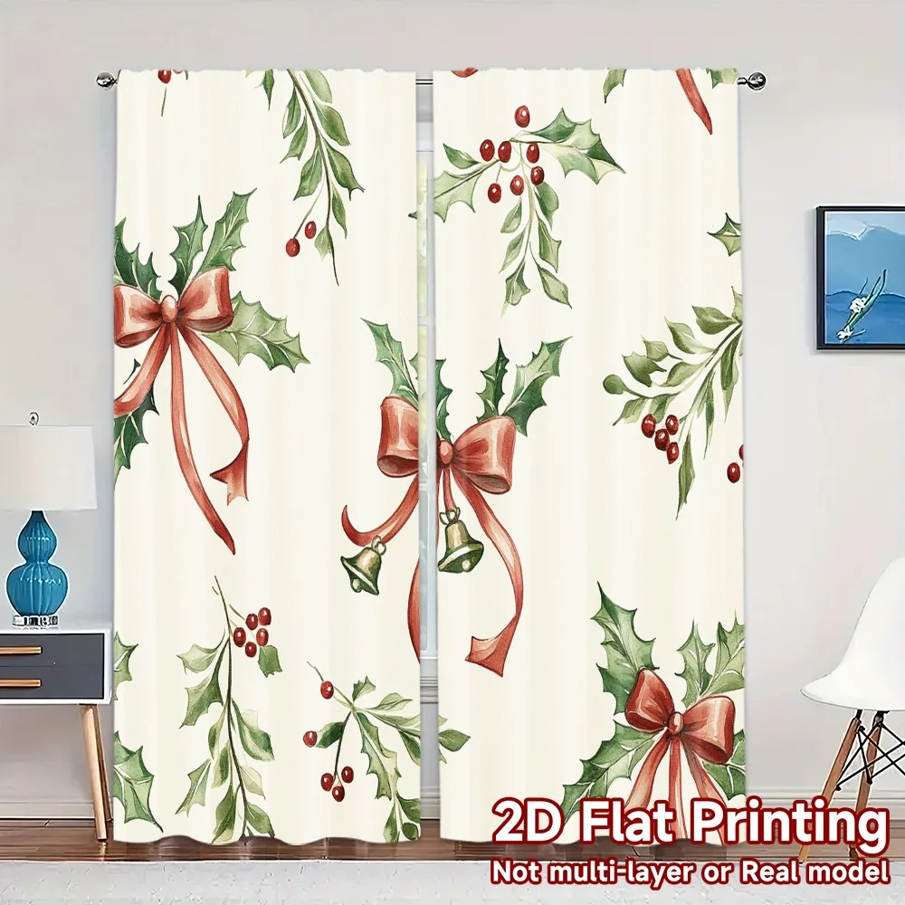 2pcs,Curtains Christmas Bell Holly Ribbon (2) Minimalist Chic Curtains Durable 100% Polyester Fabric Curtains Outdoor