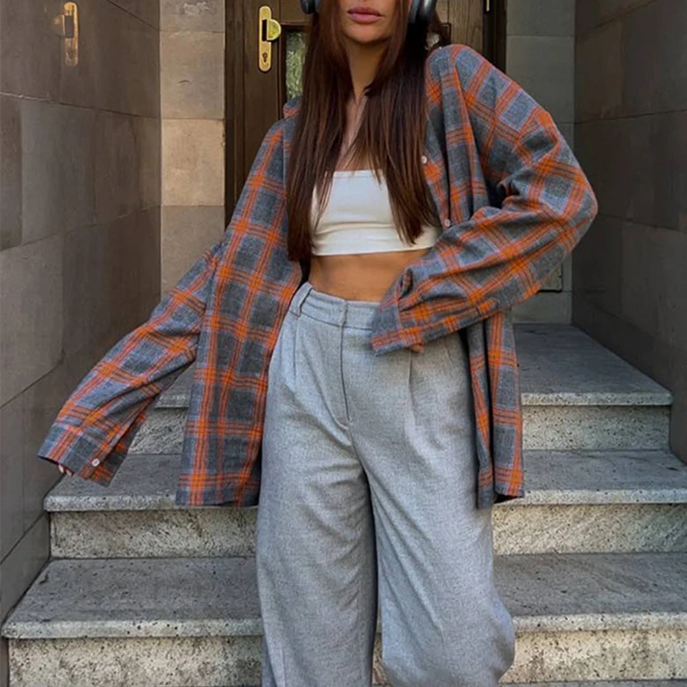 Fashion Women Vintage Oversized Plaid Shirts Long Sleeve Loose Blouse Autumn Lapel Collar Women Shirt Jacket Tops