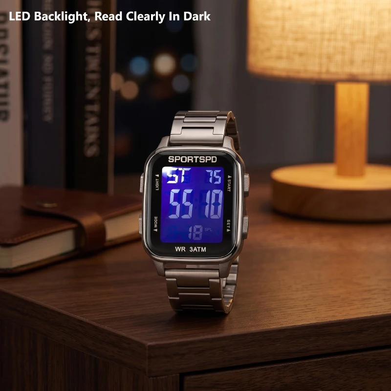 Men's Square Digital Watch, Stainless Steel Strap, Multifunctional Sports Electronic Wristwatch with Alarm & Stopwatch Fun