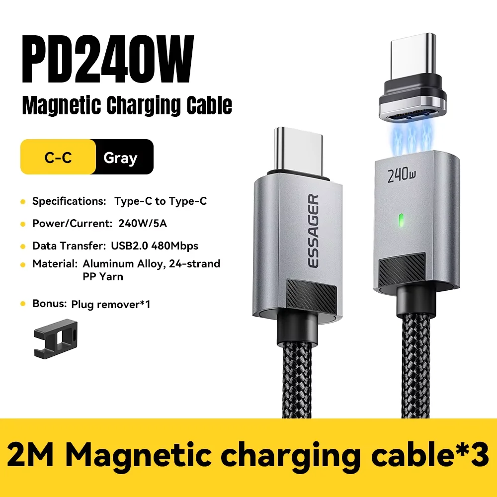 Essager 240W Magnetisches Ladekabel E-Marker USB-C auf Typ-C Kabel PD3.1 Schnellladung für iPhone 17 16 Samsung S25 iPad Laptop