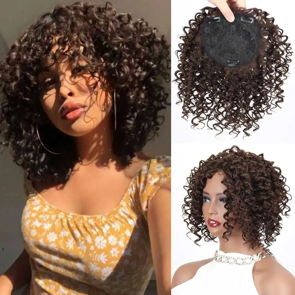 Curly Lace Wigs hair toppers for Black Women 7Inch Soft  Black Kinky Curly Afro Wig Middle Part Wig  Full and Soft Synthetic Wig