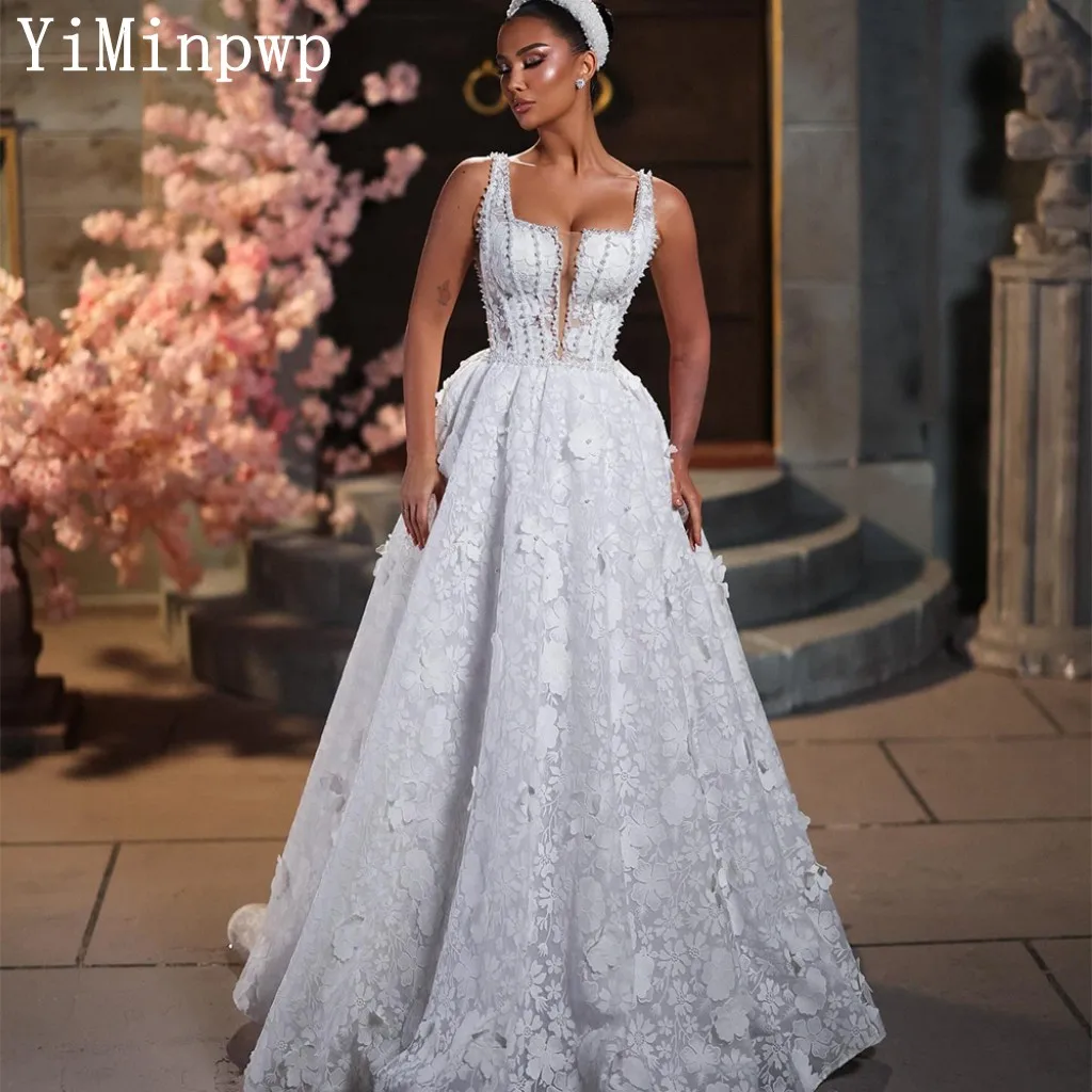 

Flowers Wedding Dresses for Bride Square Neck A Line Lace up Closure Pearls Spring Summer Garden Beach Bridal Gowns Customized