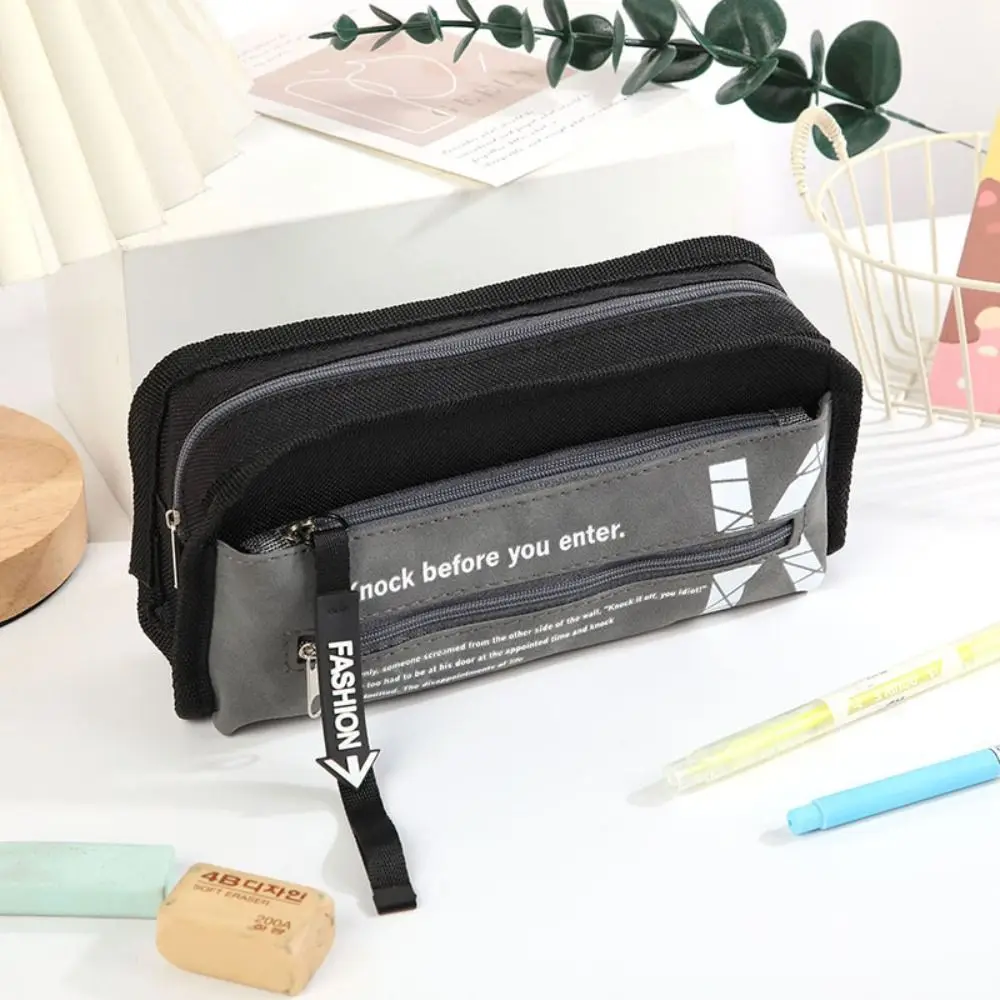 Bolsa de papelaria para meninos com zíper duplo, bolsa de armazenamento de grande capacidade, multicamadas, lona, armazenamento de mesa, desenho animado, bolsa de lápis