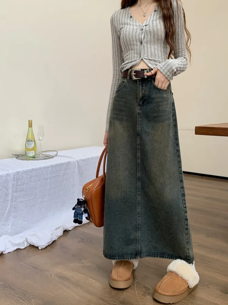 2024 Autumn and Winter New Women clothes Denim Skirt Washed Nostalgic Loose Straight Skirts A- line Skirt Long dress Fashion