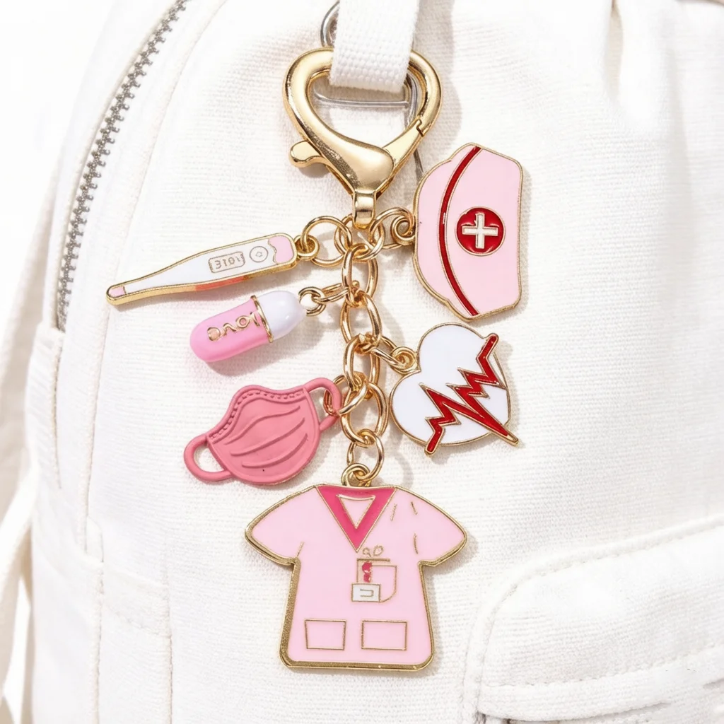 Pink Nurse Enamel Keychain Syringe First Aid Kit Stethoscope Charm Keyring Bag Pendant Aesthetic Medical Gift for Doctor Nurse
