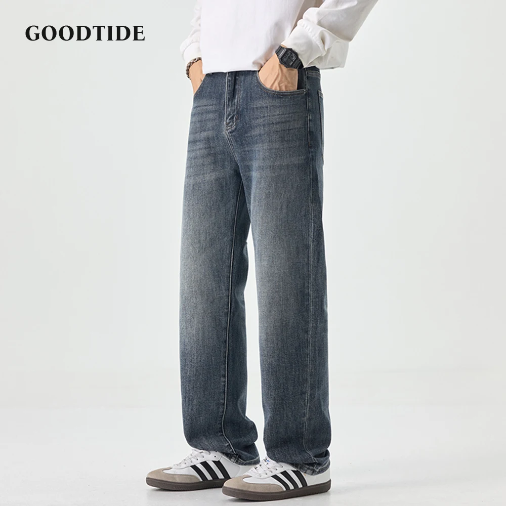 

Fashion Men's Washed Straight Jeans 2025 Autumn New Stamped Letter Pattern Vertical Casual Denim Trousers Size 28-40