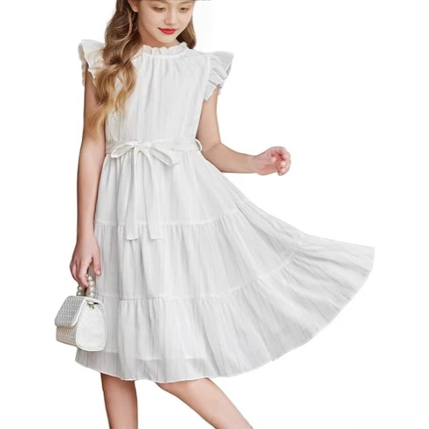 Sweet Style Short Sleeve Drawstring Waist Gored Skirt Dress for Girls  Color round Neck Pullover with Lace Trim 2026