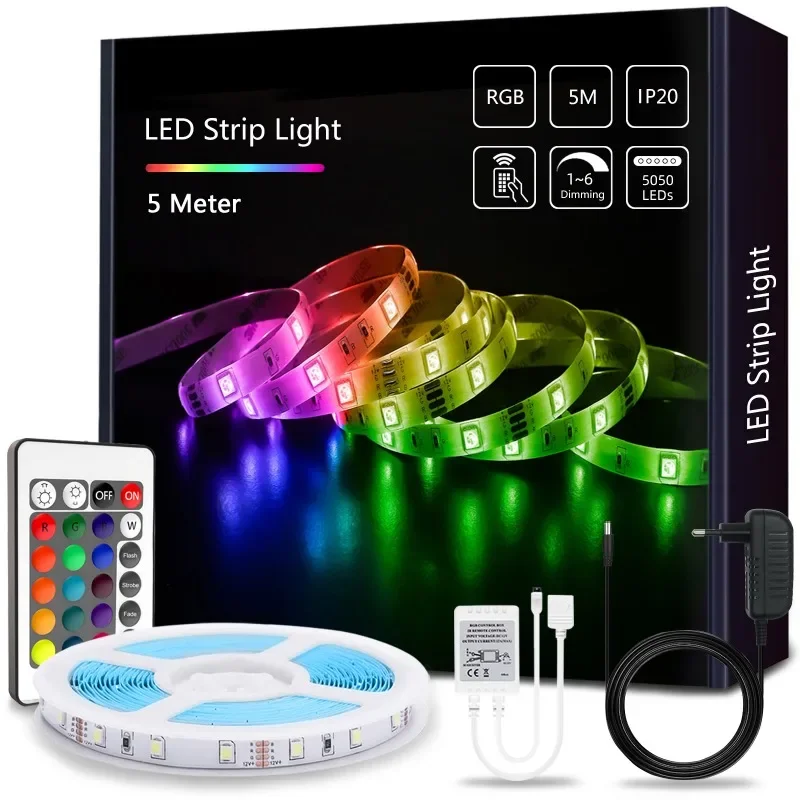 Bande lumineuse LED intelligente pour la décoration de la maison et de la chambre à coucher, ruban d'éclairage, 5050 RVB, télécommande pour la fête de Noël, rétroéclairage TV