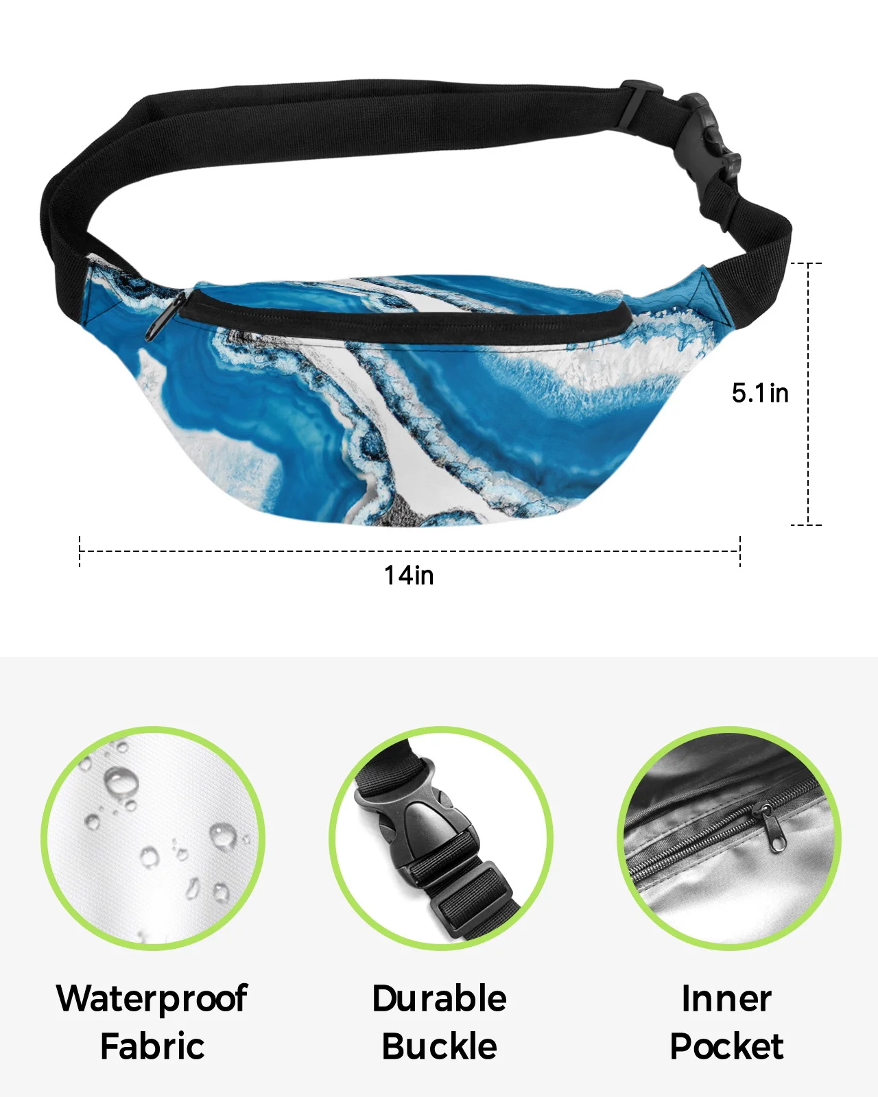 Riñonera de ágata de mármol para mujer, bolso de cintura impermeable para deportes al aire libre, bolso de hombro cruzado Unisex