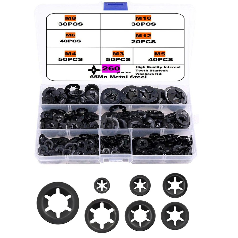 

260pcs Internal Tooth Washers Locking Washer Kit, Push On Speed Clips Fasteners Assortment Kit M3 M4 M5 M6 M8 M10 M12