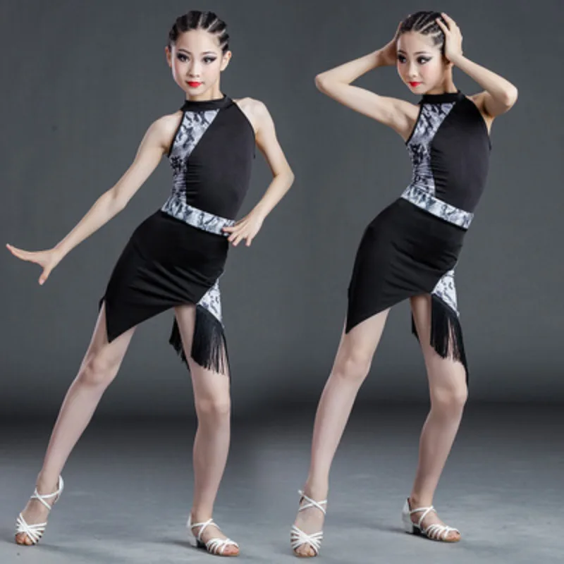 ملابس رقص قصيرة الأكمام طويلة للأطفال ، ملابس رقص راقية ، فستان رقص لاتيني ، تنورة تدريب للفتيات ، زي خشبة المسرح
