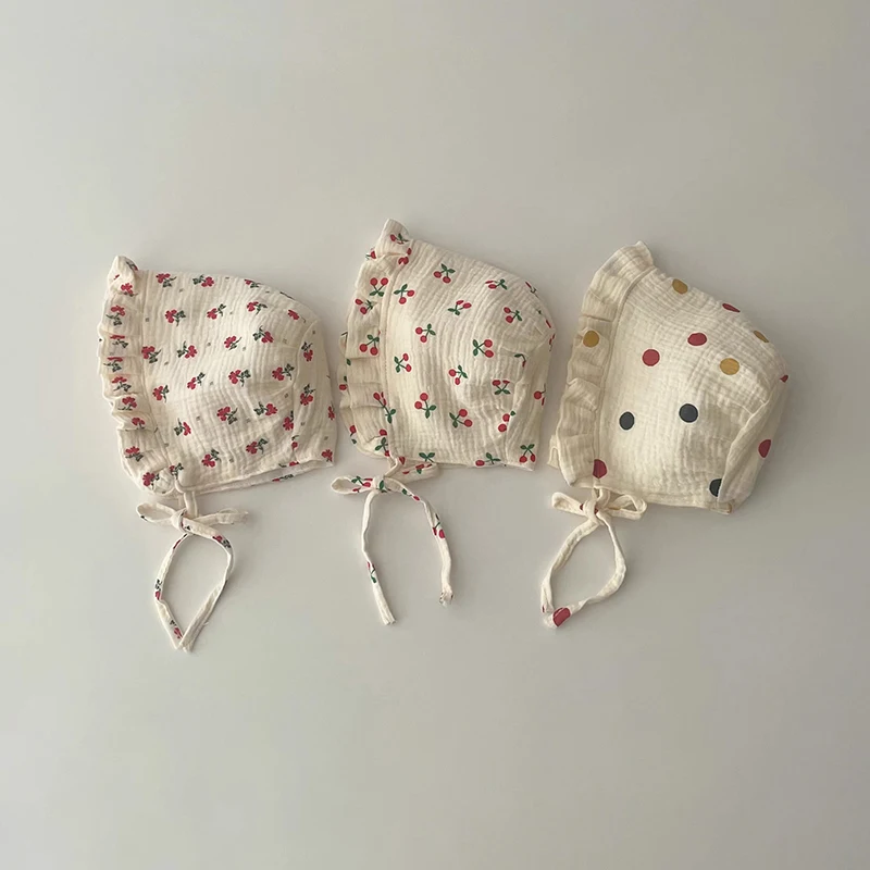 

Korean Print Baby Sun Hat Cute Flower Cherry Infant Girls Princess Cap Spring Autumn Cotton Newborn Ear Protection Caps Bonnet