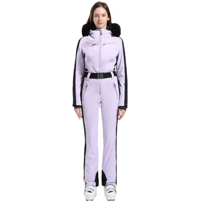 Winter Jumpsuit for Women, One Piece Ski Suit, Waterproof, Windproof, Thicken Thermal with Waistband, Hooded for Sport Snowboard