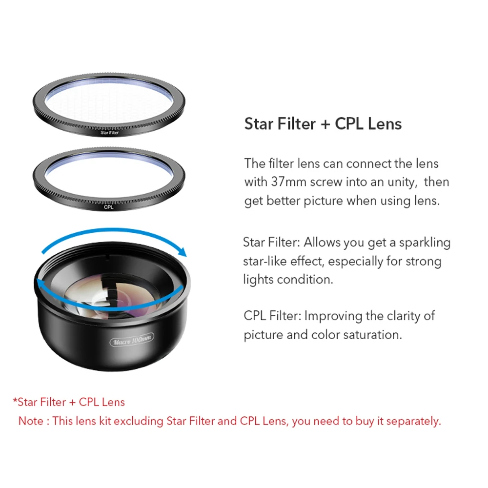 APEXEL 100mm Macro Lens Camera Phone Lens 4K HD Super Macro Lenses CPL Star Filter for iPhonex 13 pro Samsung s9 all smartphone