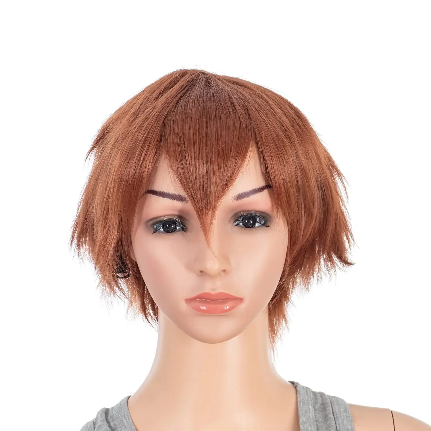 Perruque de cosplay anime courte à couches pointues à la mode unisexe pour hommes et femmes rouge cuivre foncé