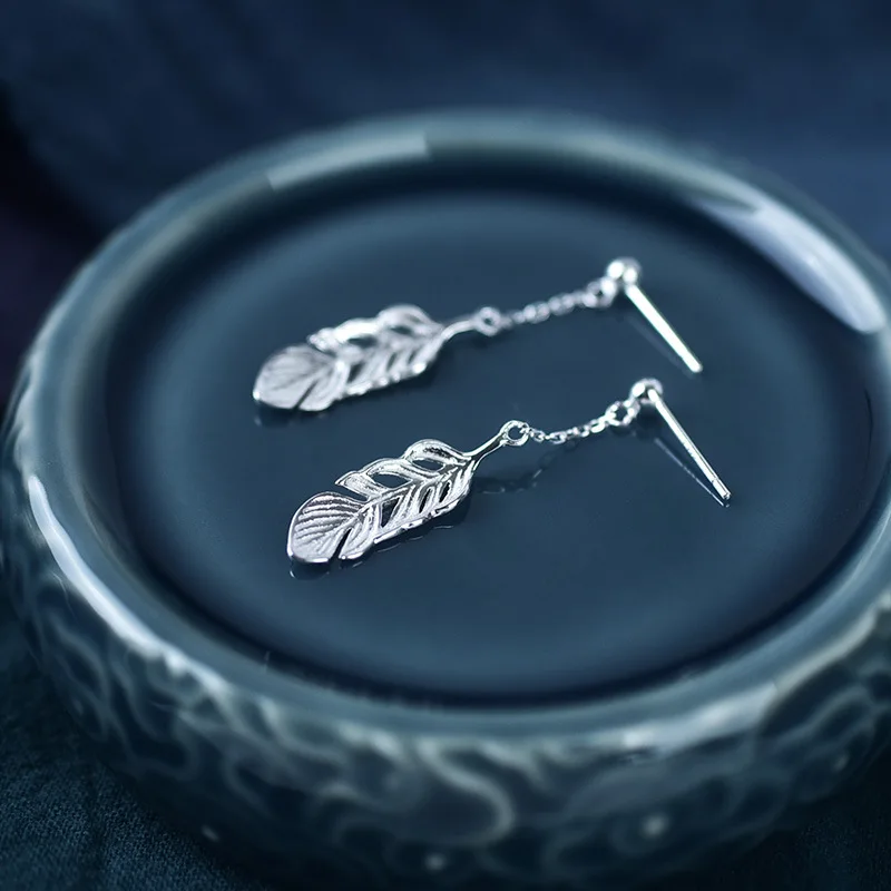 925 Sterling Silver Feather Earrings Women Simple Fashion Wedding Jewelry Accessories