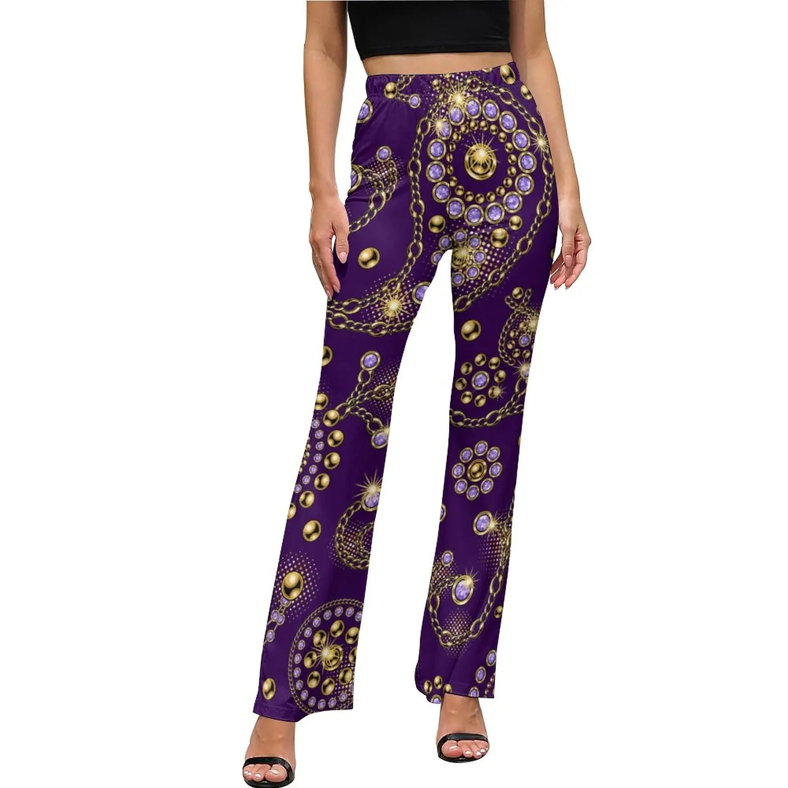 

Gold Paisley Casual Pants Woman Swirl Chain Print Slim Korean Fashion Flared Pants Daily Sexy Custom Trousers