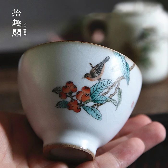 Jingdezhen Ceramic Handmade Tea Cup Ru Kiln Opening Hand Drawn Master Antique Kung Fu Set Teacup