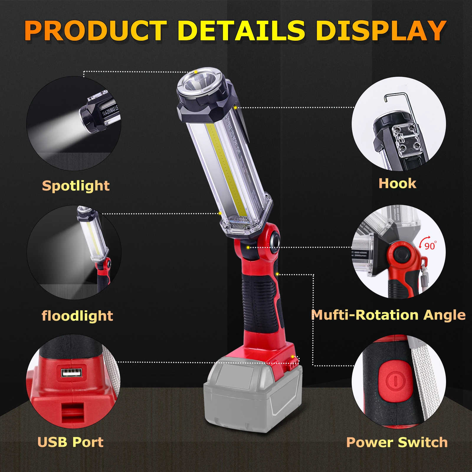 Cordless LED Work Light 2000LM Outdoor Spotlight Floodlight 3 Lighting Modes with USB Output For Milwaukee 18V Battery Pin