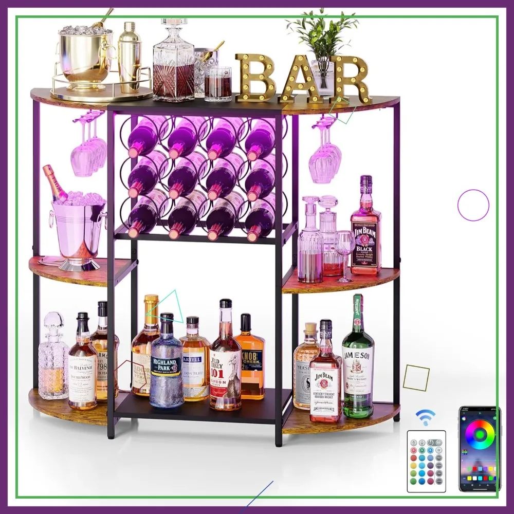 

Rustic Brown 3-Tier Wine Bar Cabinet with LED Lights, Storage & Glass Holder for Kitchen, Dining Room, Living Room
