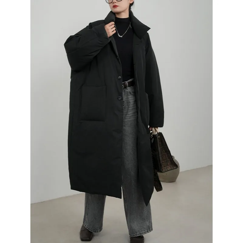 Fashionable silhouette trench coat 2024 new thickened down cotton jacket women\'s long over-the-knee winter standing lapel coat