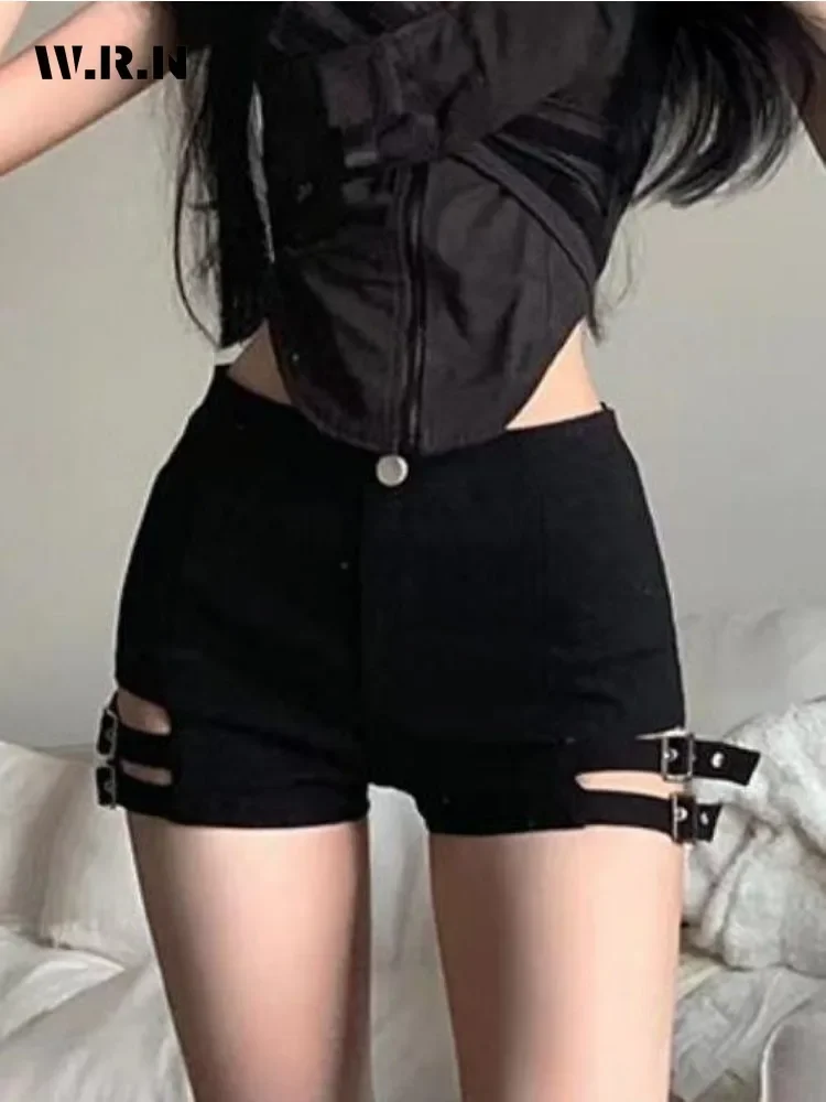 2024 Summer Hotsweet Casual Hollow Out High Waist Solid Color Shorts Women's Harajuku Black Belted Design Slim Fit Shorts