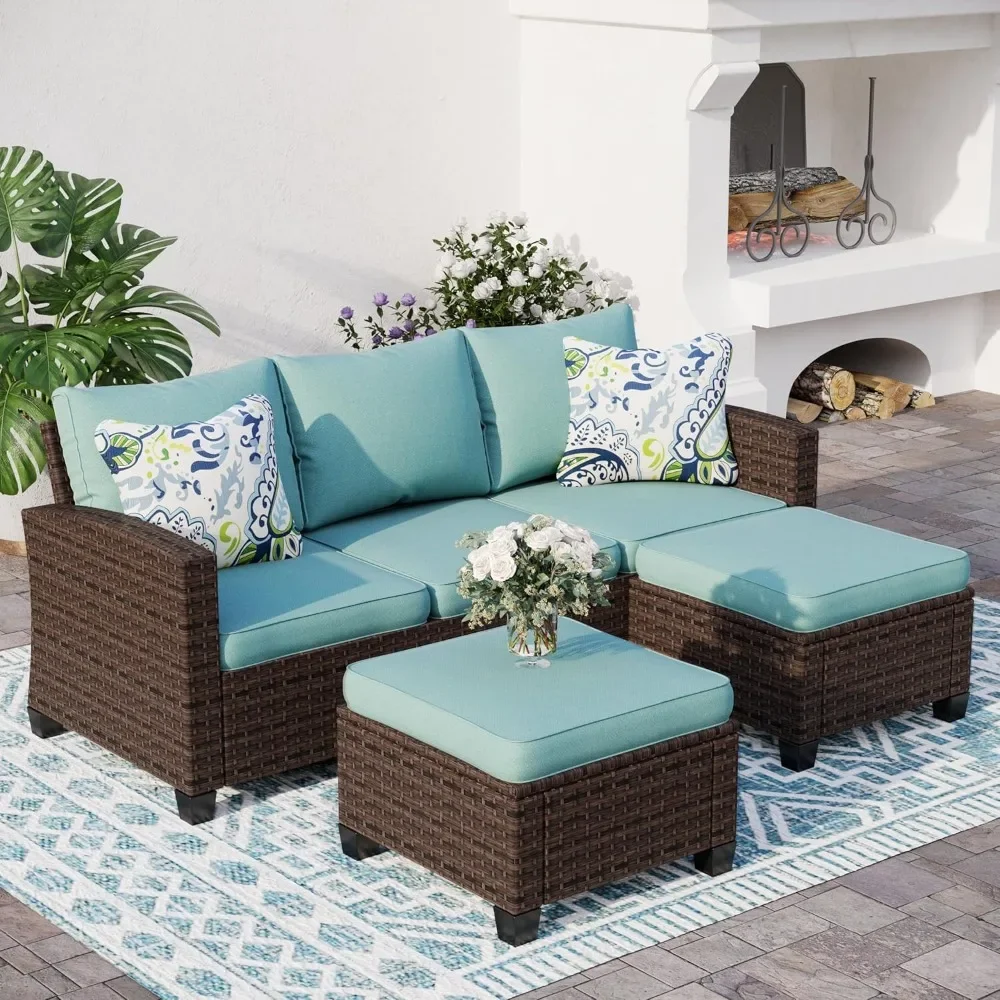 

L-Shaped Outdoor Furniture Set, 5-Seat Couch With 2 Ottomans for Small Patios, Modular All-Weather Use, Durable Rattan Sofa