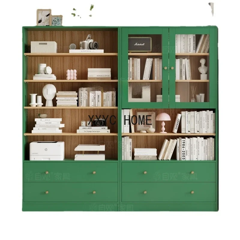 

Retro Green Bookcase Living Room Glass Door Dustproof High Cabinet Double Door Four-Door Combination