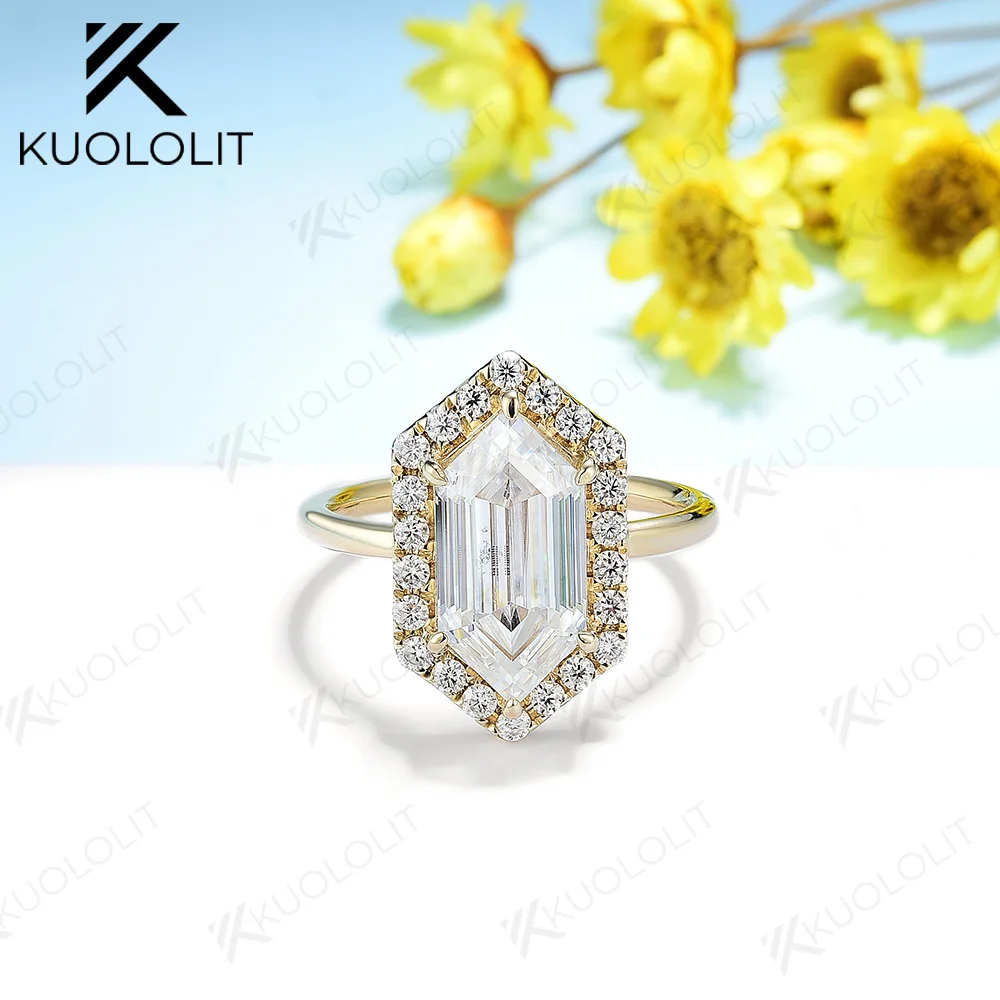 Kuololit Moissanite D/VVS1 Rings for Women Solid 18K 14K 10K 925 Sliver White Gold Enlonged Hexagon Cut for Wedding Engagement