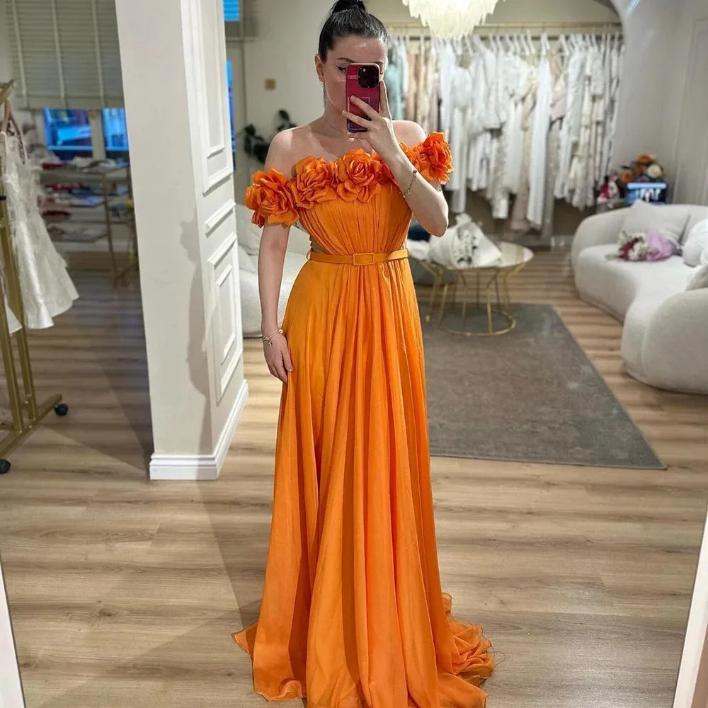 Robe de Soirée Drapée Orange Personnalisée pour Femme, Longueur au Sol en Fibre, Traîne de Balayage, Fleurs 3D, Quelle que soit la Tenue d'un Événement Spécial, 2025