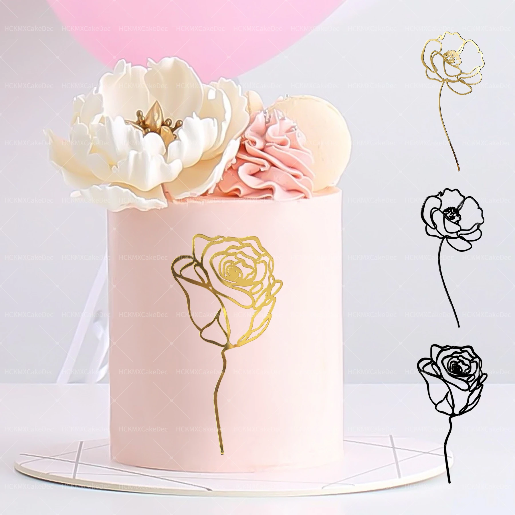 Adornos de pastel de flores acrílicas de oro negro, accesorios de líneas de tulipán rosa dibujados a mano minimalistas abstractos, decoración de pastel de cumpleaños para fiesta