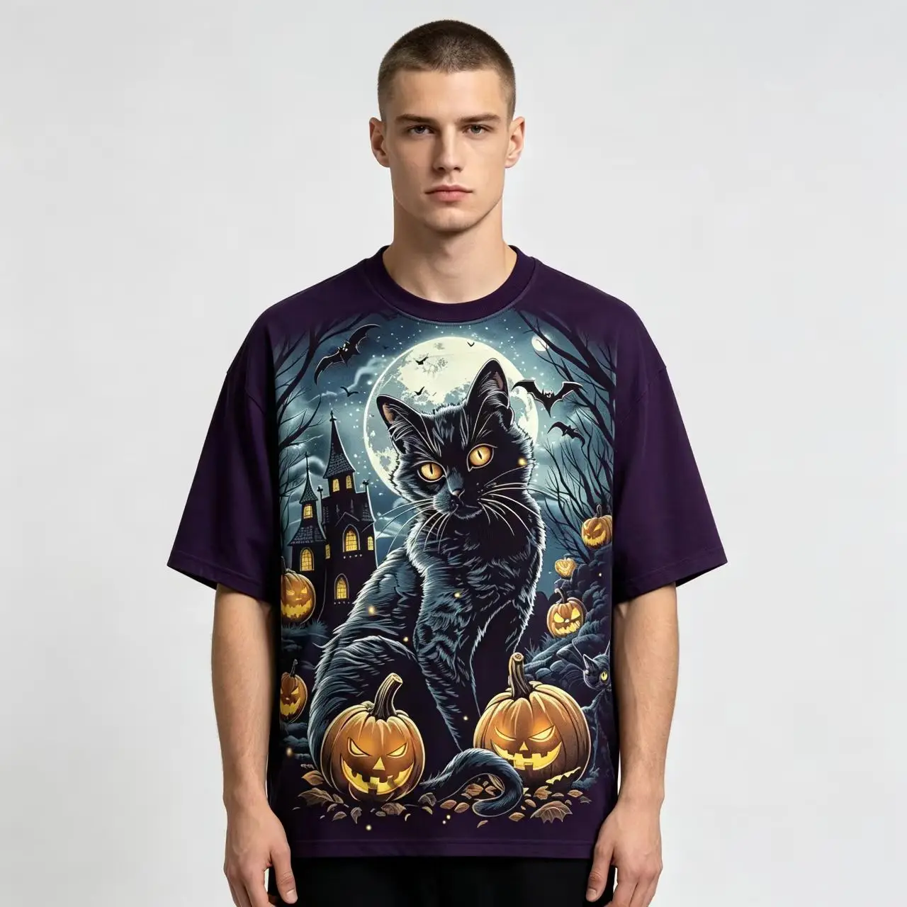 Halloween Black Cat Printed T-shirt for Men and Women, Casual Short Sleeve, Retro Pattern Street Wear, Oversized Summer Dress