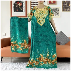 2 Pieces Africa Dashiki Floral Printing Loose Cotton Caftan Lady Summer Maxi Casual Dresses With Scarf  Vestidos Short Sleeve