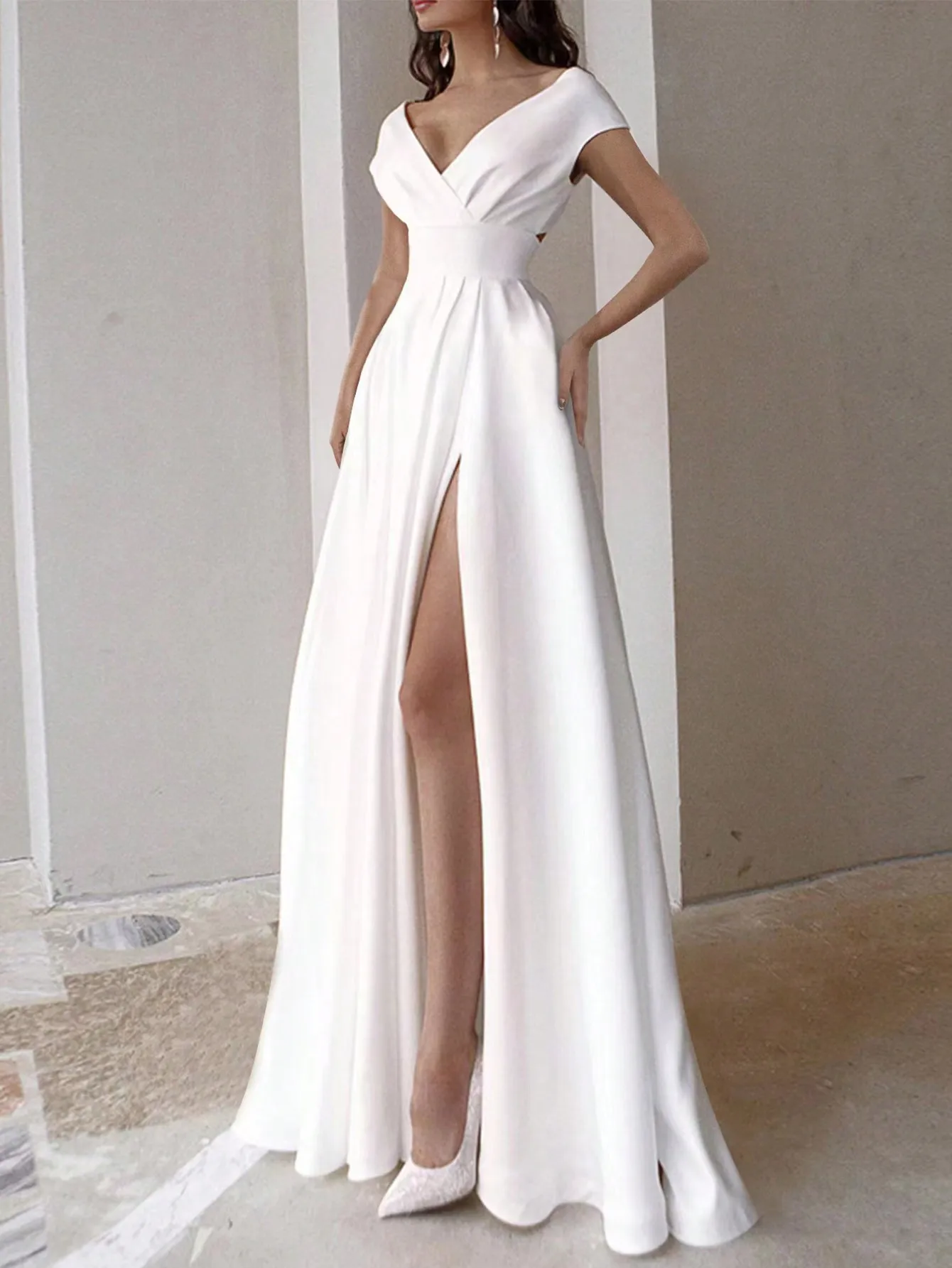 新しいドレス女性のサマードレスハイスリットソリッドエレガントマキシロングドレス結婚式の花嫁介添人パーティードレス女性服