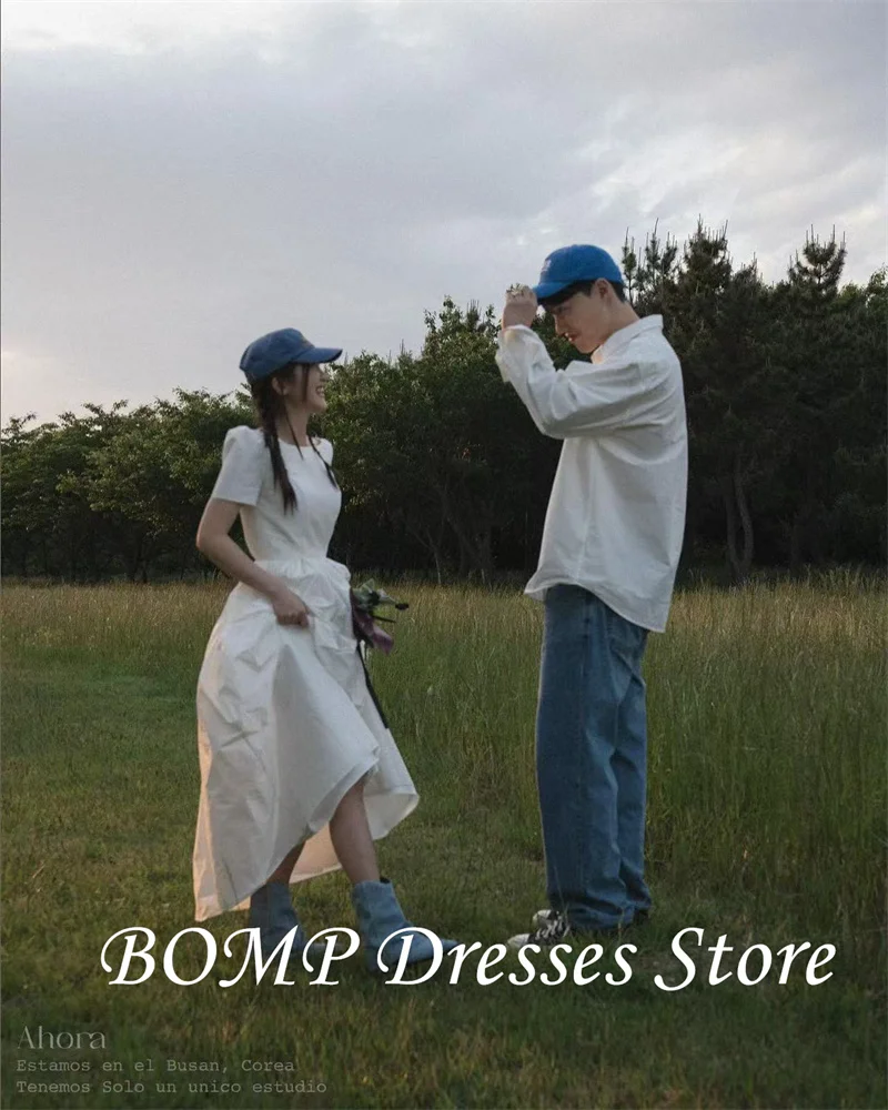 BOMP Simple A Line Taffeta ชุดแต่งงานเกาหลีถ่ายภาพแขนสั้นความยาวชุดเจ้าสาวรัดตัวกลับที่กําหนดเอง