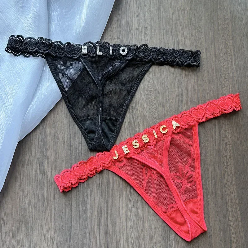 Lady Personalized Custom Thongs Name Crystal Letter T-back tanga Sexy Women Lace Customized G-String Name Underwear Panties