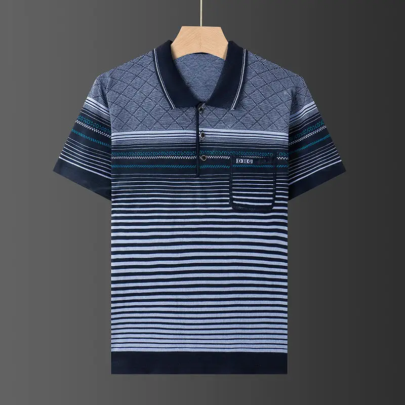 Male Clothes Casual Short Sleeve Polo-Neck Shirt 2023 Summer Fashionable Pockets Spliced Korean Striped Shirt T-shirt for Men